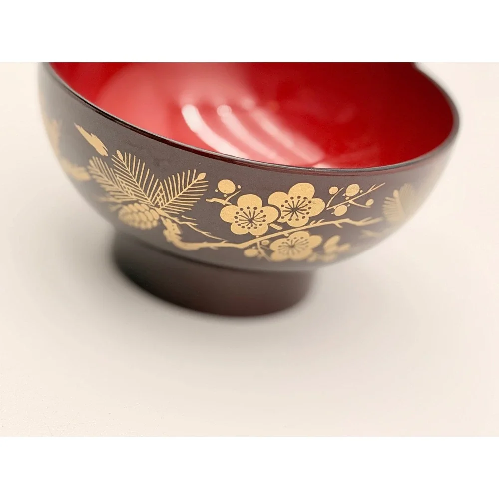 Japanese Lacquerware Miso Soup Bowl Red Gold Floral Pine Branch Design 4.75in